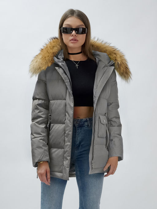 Куртка женская зимняя с мехом енот премиум класса серого цвета 3215Sr - Visdeer фото 11