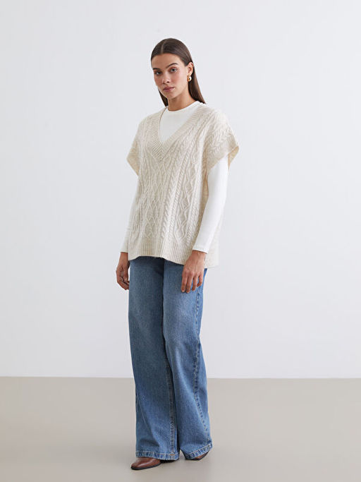 V Yaka Kendinden Desenli Oversize Kad?n Triko S?veter