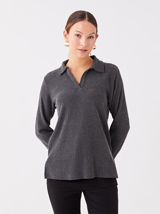 Polo Yaka D?z Uzun Kollu Kad?n Ti??rt