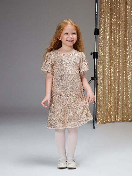 Bisiklet Yaka Pul ??lemeli K?z ?ocuk Elbise