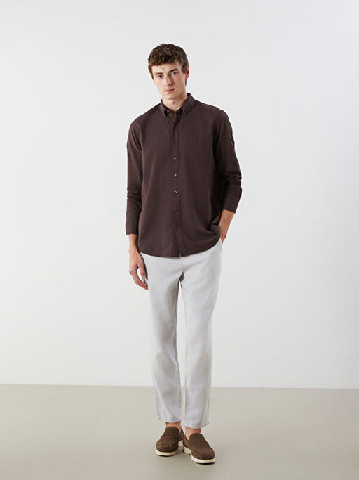 Regular Fit Uzun Kollu Keten Kar???ml? Erkek G?mlek