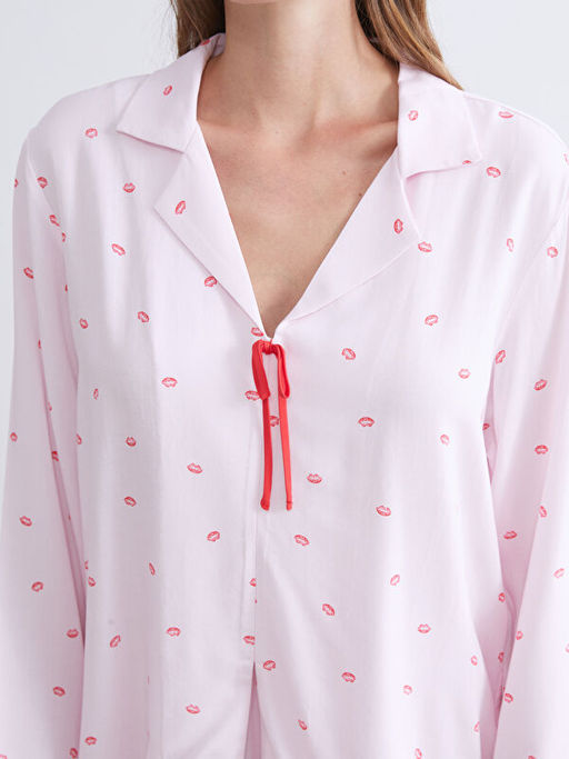 G?mlek Yaka Ba?lama Detayl? Kad?n Pijama Tak?m?