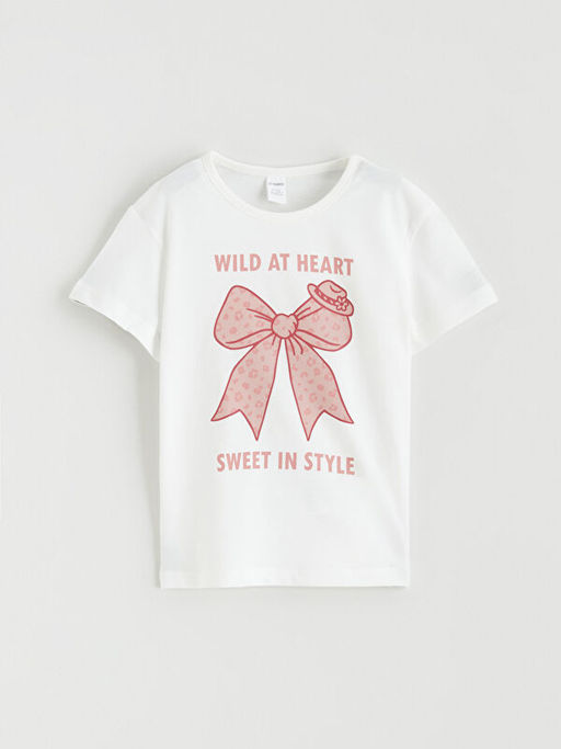 Bisiklet Yaka Fiyonk Bask?l? K?z ?ocuk Ti??rt