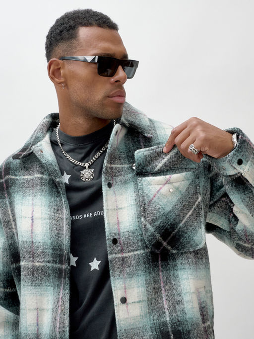 Куртка рубашка шерстяная в клетку мужская демисезонная зеленого цвета 58592Z