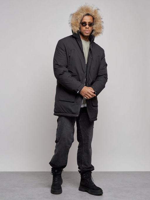 Парка мужская зимняя удлиненная с мехом черного цвета 8318Ch - Wonderrman фото 6