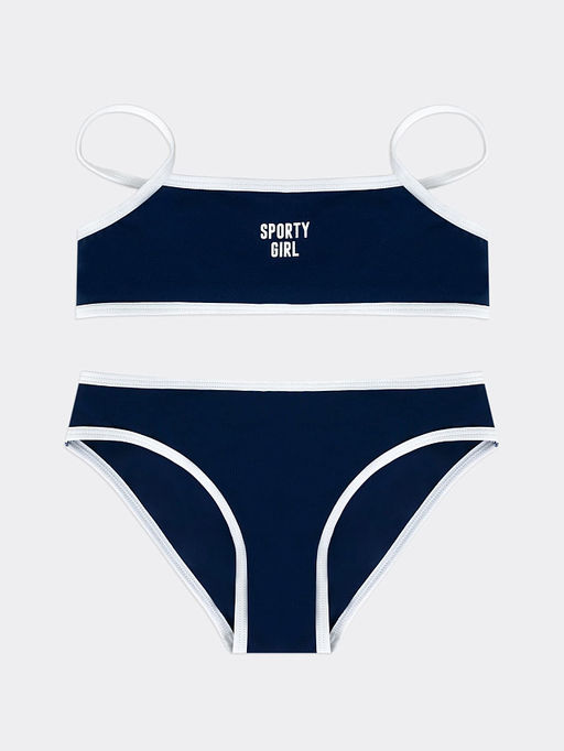 Купальник для девочек раздельный темно-синий с белой вставкой и текстом