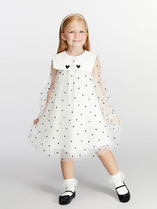 T?ll? Kalp Bask?l? K?z ?ocuk Elbise