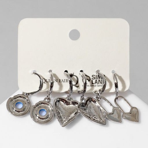 Набор серьги 3 пары Тинейдж сердечки, пончики, цвет синий в золоте - Queen fair фото 2