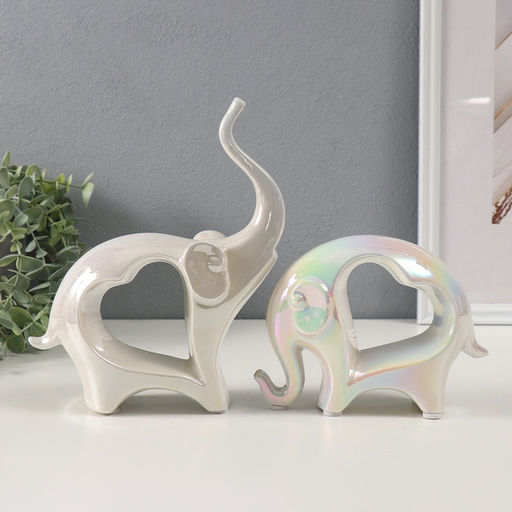 Набор фигурок керамика Слоники с сердечком, перламутр, 2 шт., h=12 см; 6?17?22 см