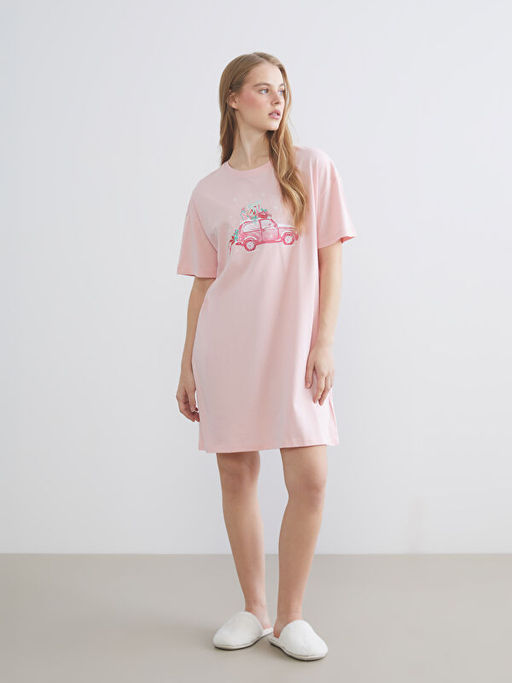 Bisiklet Yaka Bask?l? Kad?n Gecelik