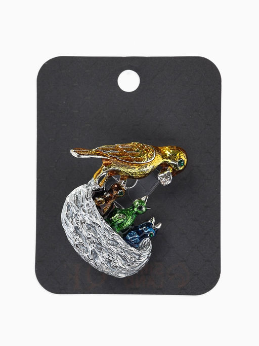 Брошь «Птица с  птенцами» гнездо, цветная в серебре