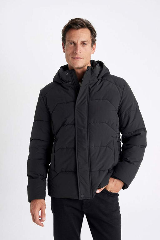 Водоотталкивающее пальто с капюшоном приталенного кроя узкого кроя на молнии с карманом на кнопке - Defacto фото 3