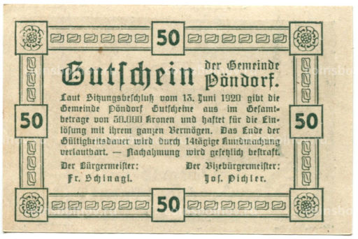 50 геллеров 1920 года Австрия Пёндорф (нотгельд)