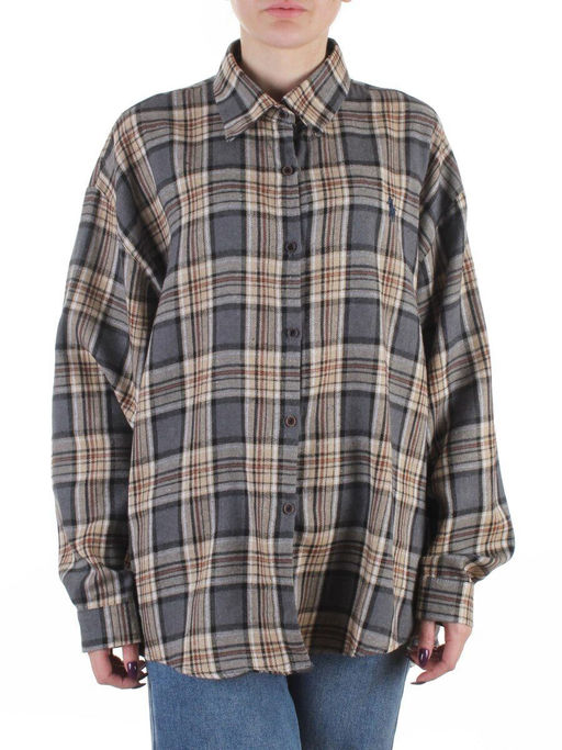 C201 GRAY/BEIGE Рубашка женская оверсайз (95% хлопок, 5% спандекс)