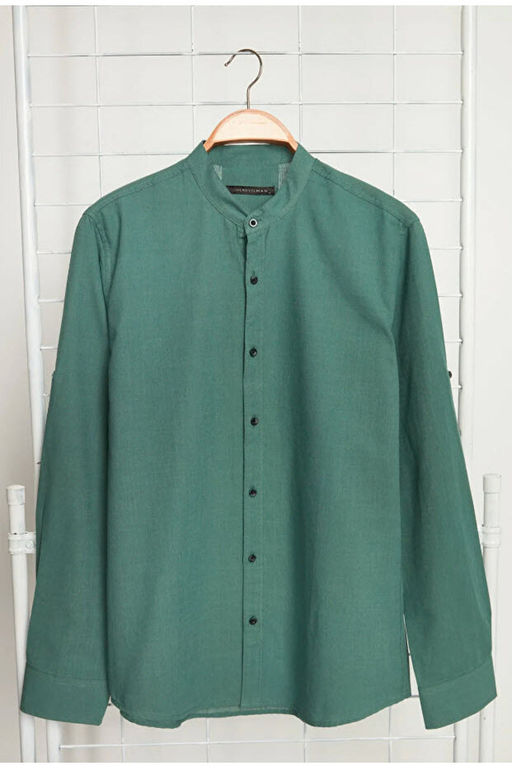 Koyu Ye_il Slim Fit Basic Hakim Yaka Apoletli %100 Pamuklu Keten G_r_n_ml_ G_mlek TMNSS20GO0188 - Trendyolmilla фото 2