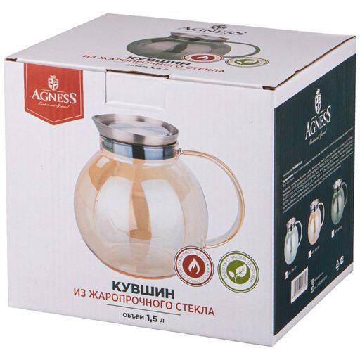 КУВШИН AGNESS HIGH-TECH1,5 Л БОРОСИЛИКАТНОЕ СТЕКЛО, НЖС КРЫШКА С ФИЛЬТРОМ  фото 2