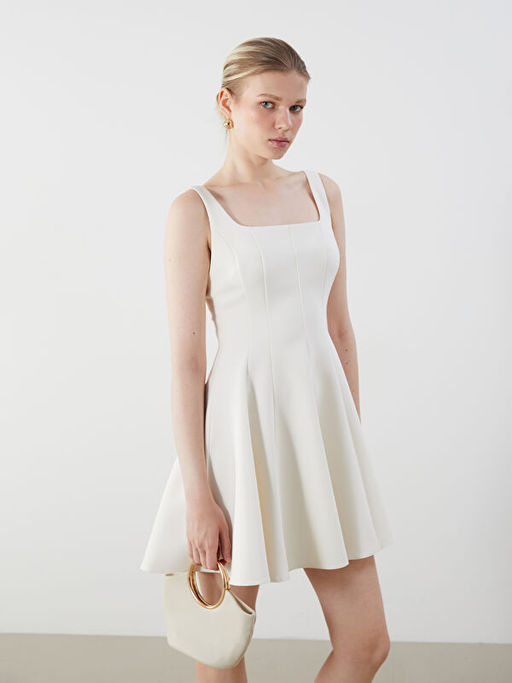 Kare Yaka Peplum Mini Elbise