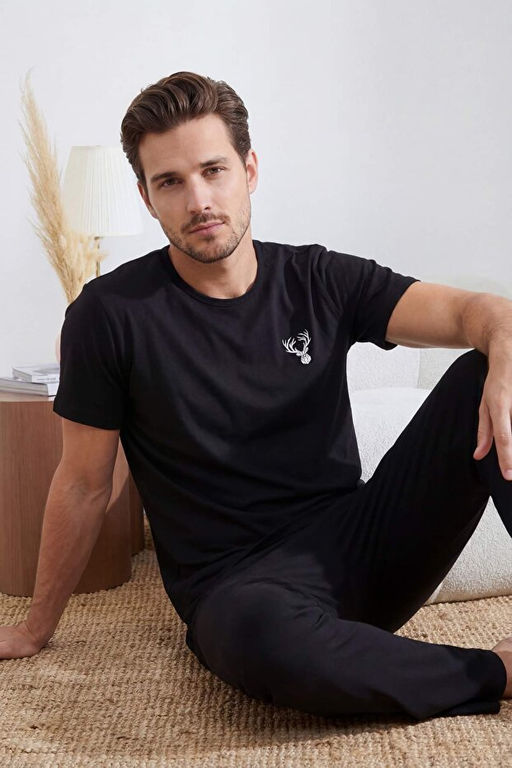 Siyah Regular Fit Bask_l_ K_sa Kol _rme Pijama Tak_m_ TMNSS25PT00040 - Trendyolmilla фото 2