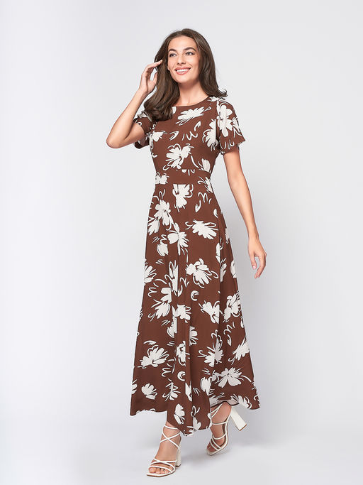 Платье коричневого цвета с принтом и короткими рукавами - 1001dress фото 2