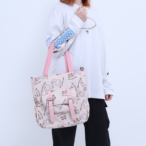 Сумка текстильная шопер на молнии, 33.5×9×36 см, бежевая/розовая