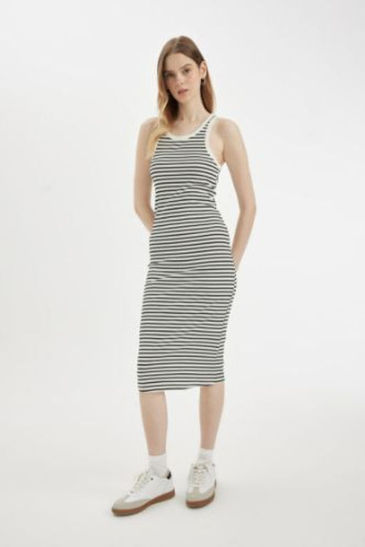 Bodycon Halter Yaka Cizgili Fitilli Kaskorse Kolsuz Midi Elbise