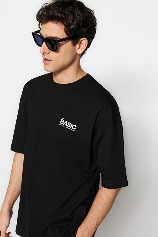Siyah Oversize/Geni_ Kesim Yaz_ Bask_l_ K_sa Kol %100 Pamuklu T-Shirt TMNSS23TS00263 - Trendyolmilla фото 2
