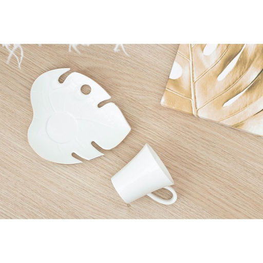 Чайная пара керамическая Белая монстера, кружка 100 мл, блюдце 15х14 см, цвет белый - Dolce Ceramo. фото 9