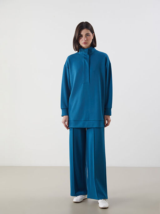 Dik Yaka D?z Oversize Kad?n Sweatshirt Tunik