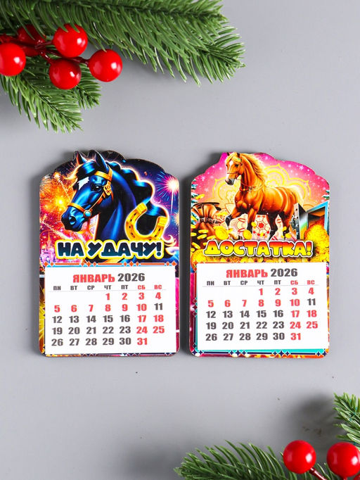 Набор магнитов на холодильник с календарём 2026, 2 шт., «Конь новогодний: На удачу, Достатка», 9.5×6.5 см - Simaland фото 2