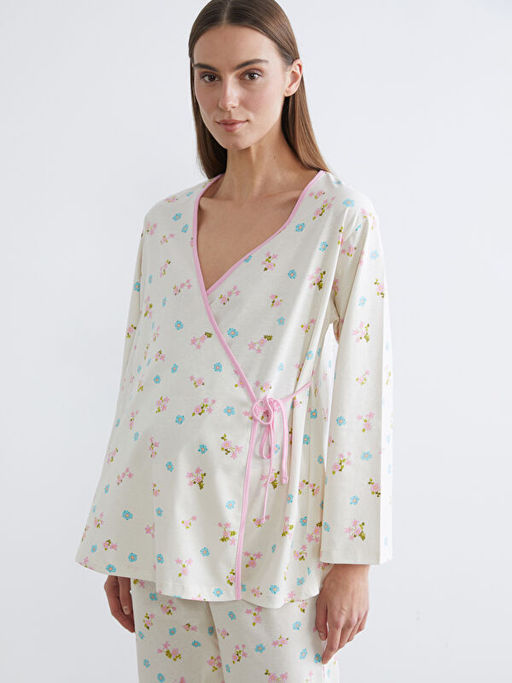 Kruvaze Yaka ?i?ekli Hamile Pijama Tak?m