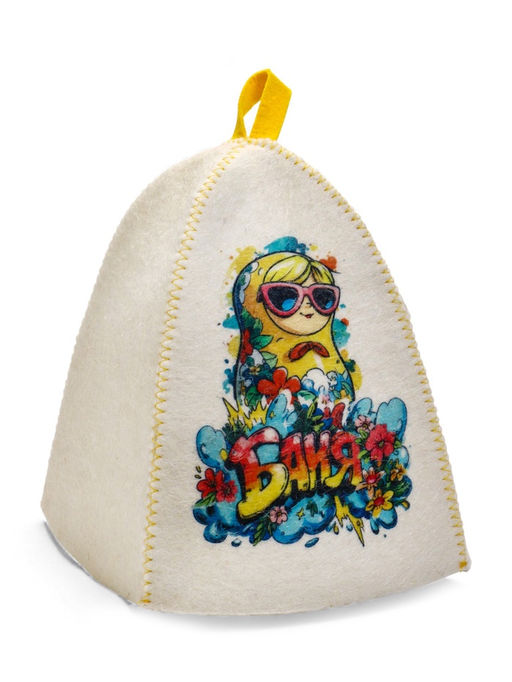 Шапка для бани и сауны Матрешка в очках, полиэфир, шерсть, белая - Simaland фото 2