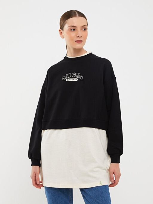 Bisiklet Yaka Bask?l? Uzun Kollu Oversize Kad?n Sweatshirt Tunik