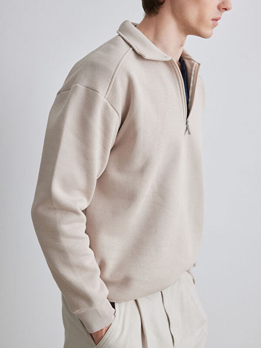 Fermuarl? Polo Yaka Erkek Dokulu Sweatshirt