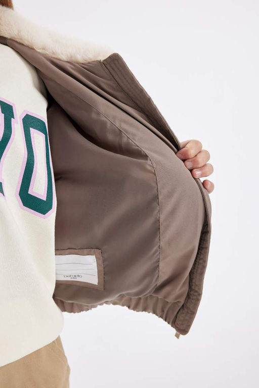 Пуховое пальто с воротником из искусственного меха для девочек, ветрозащитное пальто на молнии - Defacto фото 9