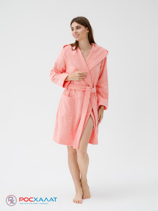 Махровый женский укороченный халат с капюшоном светло-коралловый МЗ-01 (6) - Росхалат фото 2