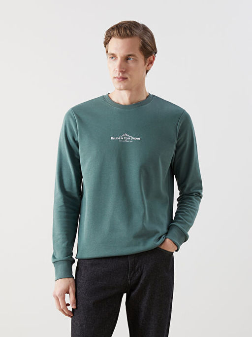 Bisiklet Yaka Uzun Kollu Bask?l? Erkek Sweatshirt