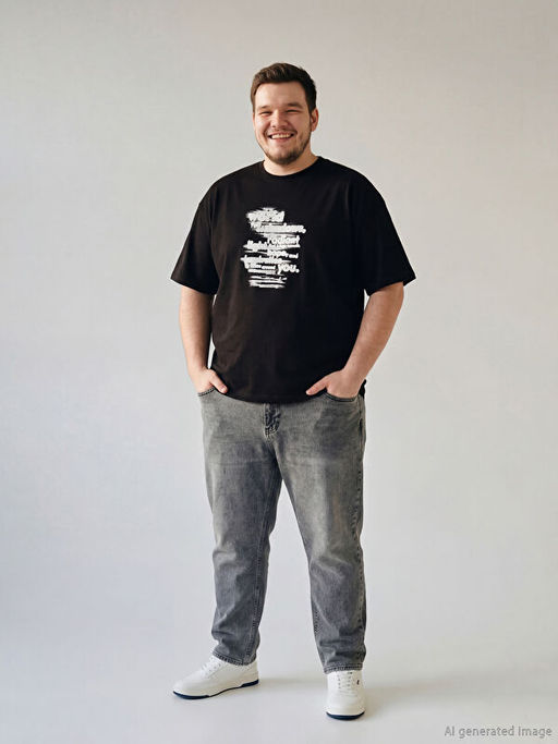 B?y?k Beden Bisiklet Yaka Bask?l? Erkek Ti??rt