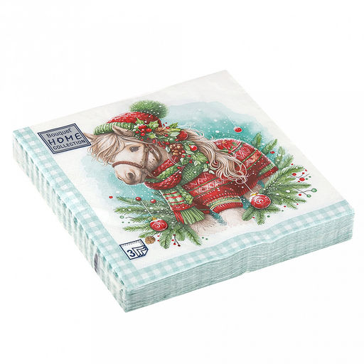 Салфетки бумажные "Bouquet" 33х33см, 3-х слойные, 20 штук в упаковке, 100% целлюлоза, "Новогодный пони" (Россия)
