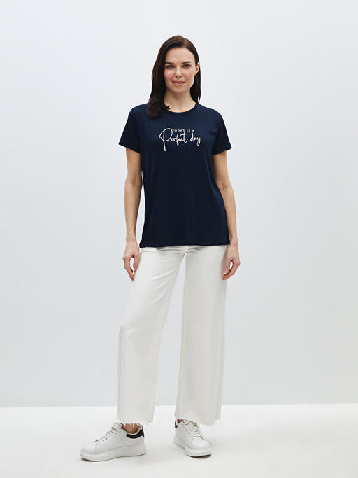 Bisiklet Yaka Bask?l? K?sa Kollu Kad?n Ti??rt