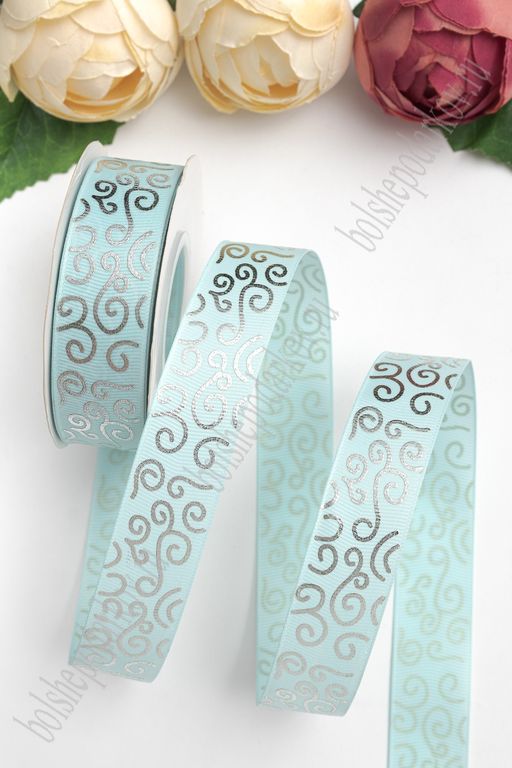 Лента репсовая 2,5 см*20 ярд "Узор" SF-5852, голубой/серебро №11