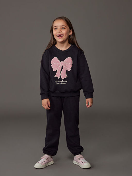 Bask?l? K?z ?ocuk Sweatshirt ve E?ofman Alt?