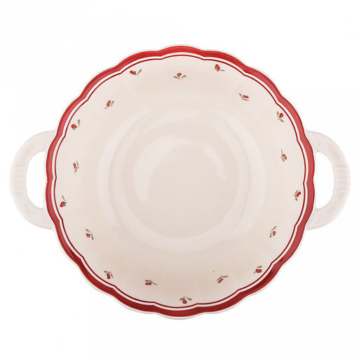 "Нежное утро" Салатник фарфоровый 1,1л, д19,2см, h7см, с деколью, 2 ручки (23,8х7,5см), волнистый борт, рифленый край, кремово-розовый (Китай)