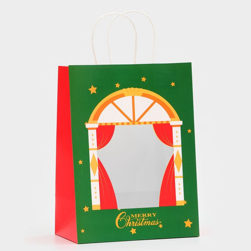 Цена за 2 шт. Пакет подарочный бумажный с окном «Театр» 30×22×14 см, крафт зеленый