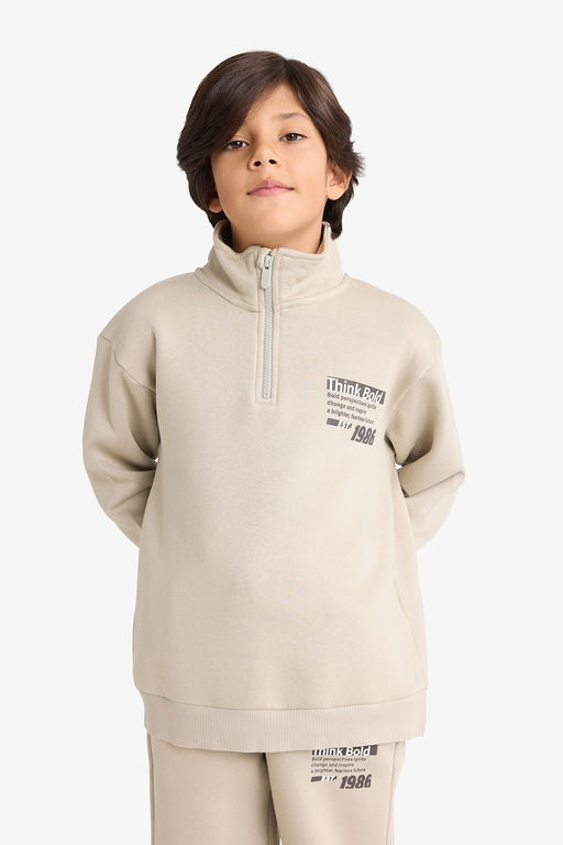 Yar_m Fermuarl_ __i Yumu_ak T_yl_ Bask_l_ Sweatshirt Erkek _ocuk - Defacto фото 3