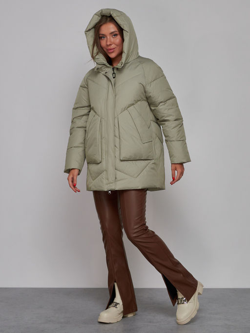 Зимняя женская куртка модная с капюшоном светло-зеленого цвета 52362ZS - HULDLUCK фото 7