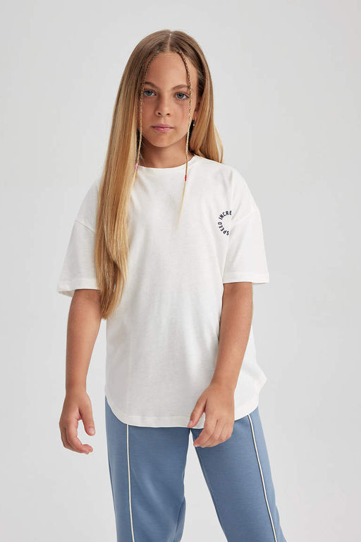 Футболка с короткими рукавами и принтом для девочек Relax Fit - Defacto фото 3