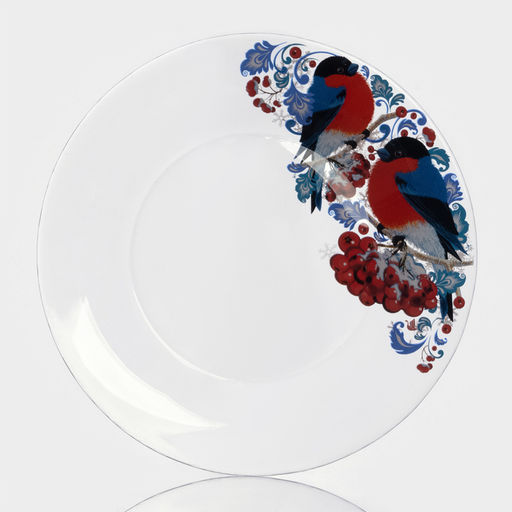 Тарелка новогодняя сервировочная Снегири на рябине, d=19.6 см, стекло