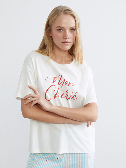 Bisiklet Yaka Bask?l? Kad?n Pijama Tak?m?