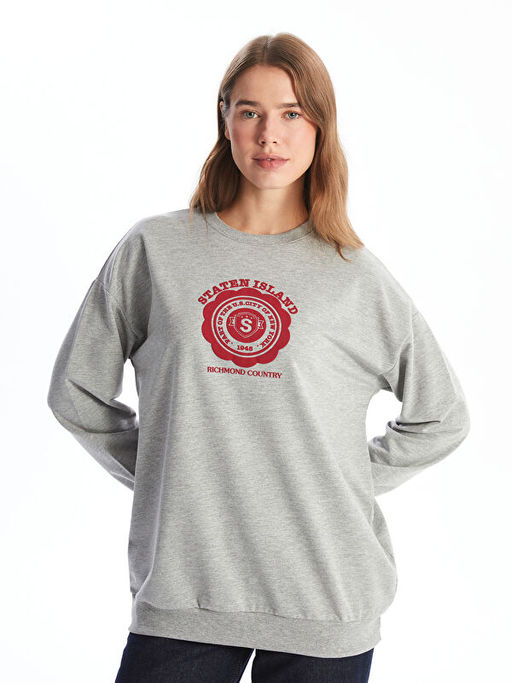 Bisiklet Yaka Bask?l? Kad?n Sweatshirt Tunik