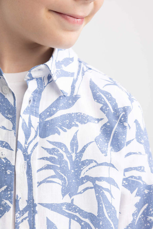 Льняная рубашка с длинным рукавом с рисунком для мальчика - Defacto фото 5